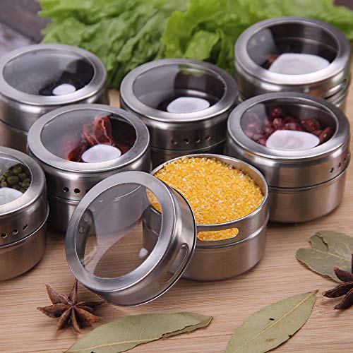 12 Powerful Magnetic Spice Tins- Stainless Steel Spice Storage Containers, Kitchen Spice Jars with Clear Lid with Sift & Pour, Rack Magnetic on Fridge, 120 Spice Labels - color: 12 MAGNETIC SPICE TINS