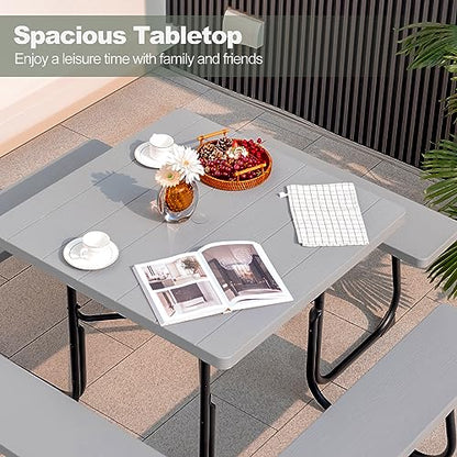Tangkula 8 Person Picnic Table, Outdoor Square Picnic Table with 4 Built-in Benches, Umbrella Hole, Metal Frame & HDPE Tabletop, Outside Table and Bench Set for Backyard, 2300lbs Weight Capacity - color: Grey