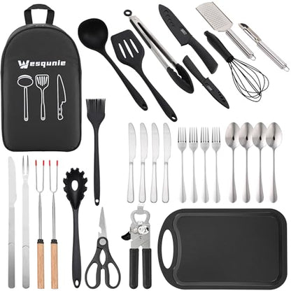 Wesqunie Camping Essentials Cooking Utensils Set - 30Pcs Camp Kitchen Cookware Set, Stainless Steel & Silicone, Camping Gear Equipment Must Haves for RV Picnic Grill - color: Black-pro