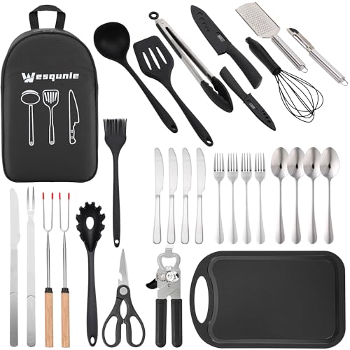 Wesqunie Camping Essentials Cooking Utensils Set - 30Pcs Camp Kitchen Cookware Set, Stainless Steel & Silicone, Camping Gear Equipment Must Haves for RV Picnic Grill - color: Black-pro