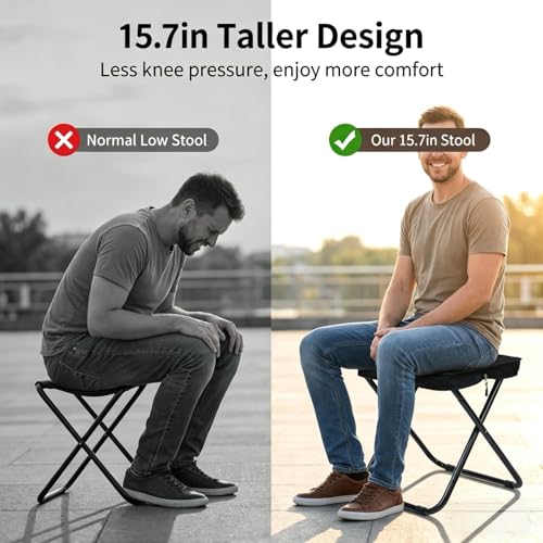 15.7" Tall Folding Stool 440LBS Heavy Duty Aluminum Alloy Portable Camping Chair for Adults, Integrated Storage Collapsible Sling Bag Stool, Perfect for Hunting Fishing Backpacking Outdoor Travel