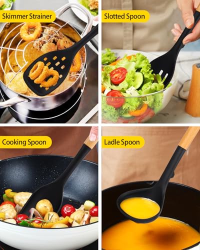 Silicone Kitchen Utensil Set for Non Stick Cookware, 7 Pcs Heat Resistant Cooking Utensils with Wooden Handle, BPA Free Kitchen Tools with Spatulas, Spoons, Skimmer and Pasta Fork (BLACK) - color: Black