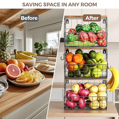 Delamu Stackable Metal Fruit Basket with Wood Lid 3 Pack, Hanging Wall Organizer for Kitchen Counter, Pantry Storage for Onions, Potatoes, Garli, Fruits, Spices, Black - size: 3 Pack