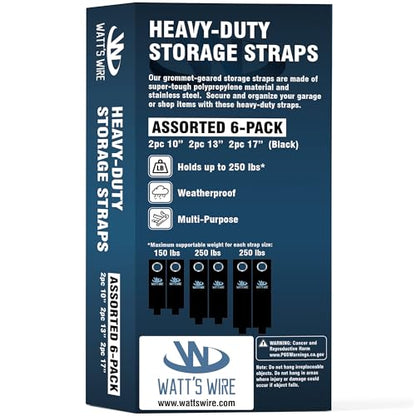 Heavy Duty Storage Straps - 6 Pack: 2 Medium, 2 Large, 2 XL - Extension Cord Ties - Storage Strap - By Watt's Wire - size: 6-Pack (10"/13"/17")