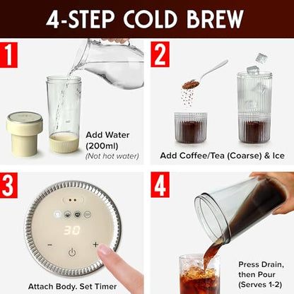 Mueller RapidBrew Cold Brew Coffee Maker – 10 Min Fast Brew Portable Rechargeable Cold Brew Pitcher Machine for Coffee & Tea – Adjustable Strength 10-99 Min – 20 Servings Per Charge, Cappuccino Beige - color: Cappuccino Beige
