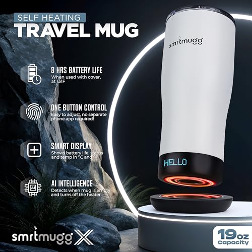 SmrtMugg X Heated Coffee Mug 19 oz., 8 Hour Battery Life, Self-Heating, Adjustable Temp Controlled, LCD Screen, Includes Cover with Magnetic Slider (Black) (White) - color: White