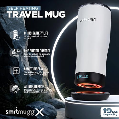 SmrtMugg X Heated Coffee Mug 19 oz., 8 Hour Battery Life, Self-Heating, Adjustable Temp Controlled, LCD Screen, Includes Cover with Magnetic Slider (Black) (White) - color: White