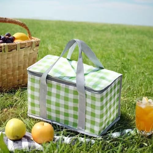 Insulated Bag Picnic Basket Bags Beach Bag Foldable Cooler Bag Reusable with Zippered top-for Warm or Cold Picnic Accessories, Outdoor(13.8x7.9x7.9 in) - color: Green