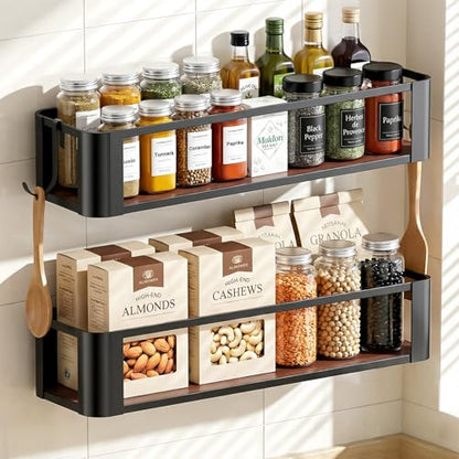Wall Mounted Spice Rack, Black, 2 Pack | 2 Hooks Included, Screw or Adhesive Installation, For Stove Cabinet Pantry Door, Kitchen and RV Use - size: 2 pack