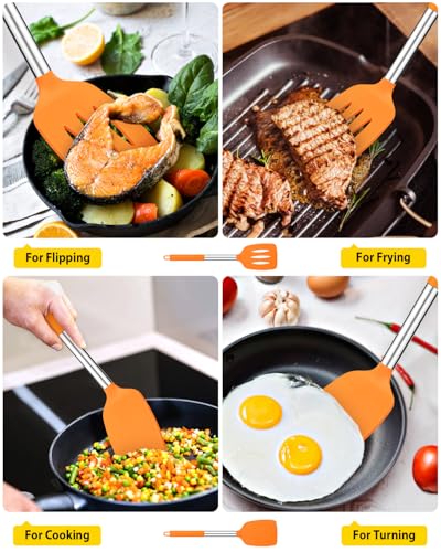 Pack of 2 Silicone Solid Turner, Non Stick Slotted Kitchen Spatulas, High Heat Resistant BPA Free Cooking Utensils, Ideal Cookware for Fish, Eggs, Pancakes (ORANGE) - color: Orange