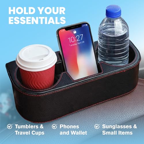 Car Cup Holder, Auto Front Seat Cup Holder, PU Leather Cover Cup Drink Holder, Car Seat Gap Filler Organizer, Side Cup Holder for Car Coin Bucket, Cell Mobile Phone Holder, Black - color: Black