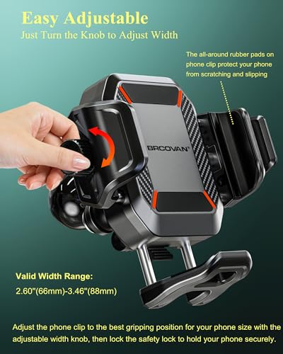 BRCOVAN Anti-Theft Phone Mount Holder with Vibration Dampener, 1s Locking | Don't Block Camera, with Aluminum Round Base & Medium Arm, for Car Boat Truck Motorcycle UTV, Fit 5.4-7.2'' Smartphones