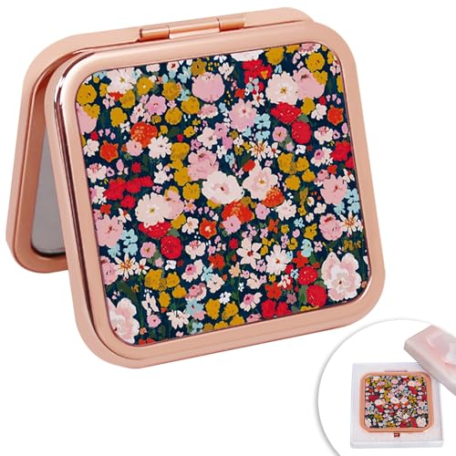 Compact Mirror for Purse Flower Small Floral Retro Folding Portable Pocket Mirror for Women Girls Travel Gift - color: Flowers