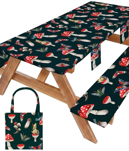 Picnic Table Cover with Bench Covers Elastic Tablecloth Camping Essentials Table Cloth Outdoor Glamping Cool Fun Unique Ideas Birthday Camping Gifts for Mother Mama Mommy Mom from Daughter Son Black - color: Black Red Mushrooms, size: 96in
