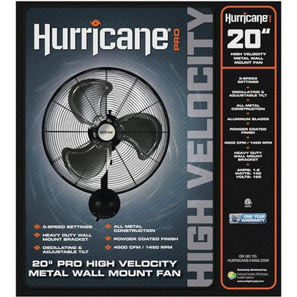Hurricane Pro High Velocity Oscillating Metal Wall Mount Fan w/ 3 Speeds, Black, 20" - Corded Electric Air Cooling Unit w/ Powerful 4500 CFM Airflow for Home, Garage, Gym, Workshop & Greenhouse - style: 20" Pro Series