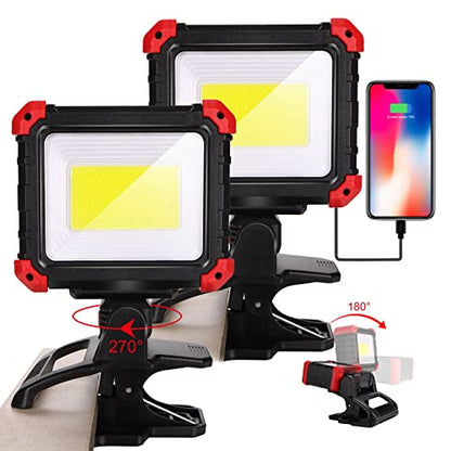 Easymaxx LED Rechargeable Work Light with Clamp, 2Pack 2100LM COB Magnetic Clip on Worklight 270° Rotating with Mobile Charger, Portable Clamp Work Light for Boats, Car Repairing, Job Site Lighting