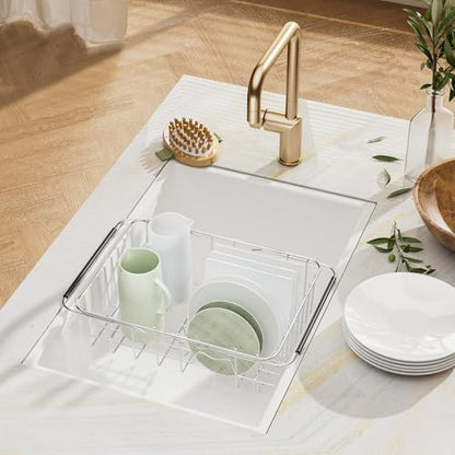 JAQ Over Sink Dish Drying Rack, Expandable 14.96"–22.44" Adjustable Dish Rack for Kitchen Sink, 304 Stainless Steel Dish Drainer with Utensil Holder, Space Saving for Most Standard Kitchen Sinks - size: 304 Stainless Steel - 11 dishes