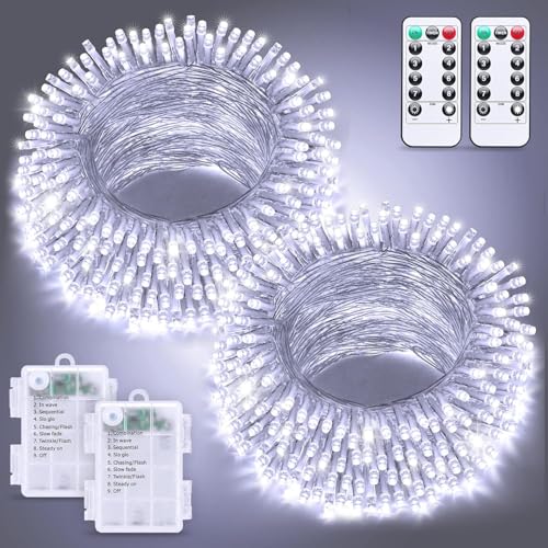 JMEXSUSS 2 Pack White Battery Operated String Lights, Each 33ft 100 LED Wedding Lights Outdoor Indoor, 8 Modes Christmas Lights with Remote Waterproof for Wedding Front Porch Yard House Room Decor - color: Cool White, size: 2*100LED