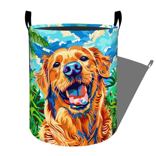 Vibrant Happy Golden Retriever Portrait Laundry Basket with Handles, 19.7"x15.7" Clothes Foldable Laundry Hamper Organizer for Dorm Nursery Bedroom Bathroom Decor, Toy Storage Bin for Kids - style: Golden Retriever60
