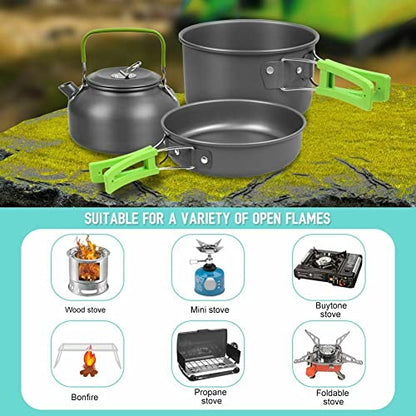 8Pcs Set Camp Cookware Camping Cooking Portable Mess Kit Backpacking Gear Non-Stick Pot Kettle Camping Pots and Pans Chopping Board Folding Tableware for Camping Hiking Picnic