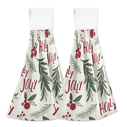 Vnurnrn Hand Towels for Kitchen 2 Pcs Hanging Kitchen Towels Set，Holly Leaf Berries Green Christmas Leaf Soft Absorbent Tea Bar Dish Cloths Bath Towel for Bathroom Laundry Room - color: Holly Leaf Berries Green Christmas Leaf