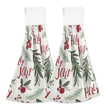 Vnurnrn Hand Towels for Kitchen 2 Pcs Hanging Kitchen Towels Set，Holly Leaf Berries Green Christmas Leaf Soft Absorbent Tea Bar Dish Cloths Bath Towel for Bathroom Laundry Room - color: Holly Leaf Berries Green Christmas Leaf