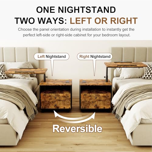 Bedroom Nightstand with Drawers & Charging Station, Adjustable Height Bedside Table with Wheels, Wooden Small Sofa Side Tables with Storage for Living Room, Rustic Brown - color: [A3] Rustic Brown