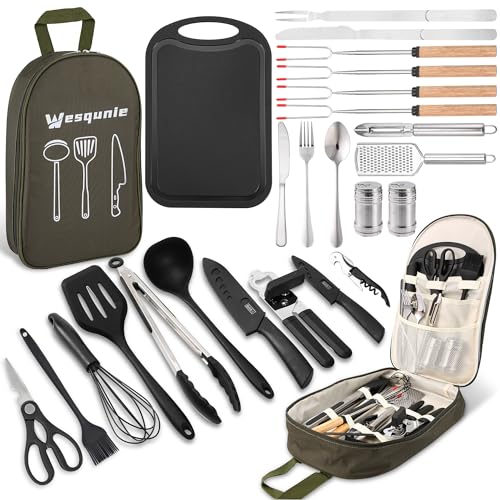 Wesqunie Camping Cookware Cooking Utensils Set - 25Pcs Camp Kitchen Essentials Kit, Portable Outdoor Camper Gear Accessories, Overland Equipment for RV Picnic Grill - color: Green