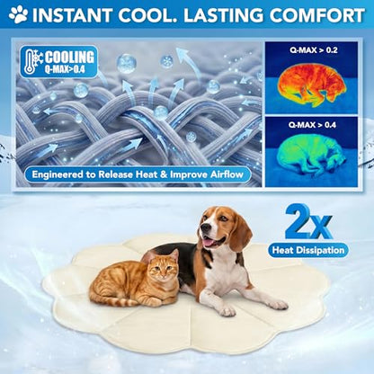 PetAmi Dog Cooling Mat, Flower Shape, Pet Pad with Cooling Nylon & Soft Fleece, Q-Max > 0.4 Reversible All Season Blanket for Dogs & Cats, Large 54x54 in, Beige - color: Beige, size: Large