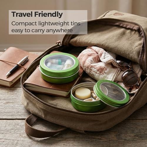 2 oz (60ml) Green Aluminum Tins with Clear Lids and Labels, 24 Pack | Clear View Lid, Secure Packaging, Tight Screw Lids, Includes Blank Labels, 11 Color Options - color: Green