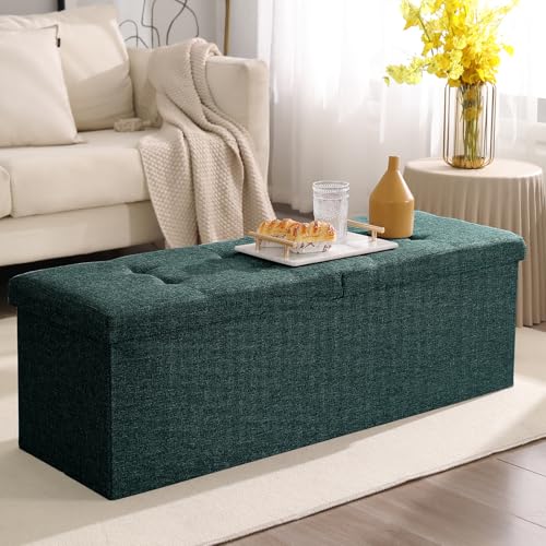 45.3 Inches Ottoman Bench - Foldable Seat, Footrest, Shoe Bench, End of Bed Storage With Flipping Lid, 166L Space, Linen Fabric Emerald - color: Emerald, size: 45.3" Flip
