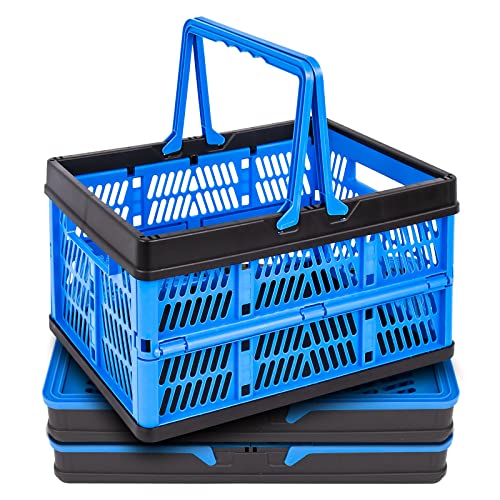3-Pack Collapsible Storage Baskets, Stackable Plastic Crates with Handles for Freezer Organization, Grocery Shopping, RV Camping & Home Storage, Holds 20 lbs Each, Folds Flat to 1.7"