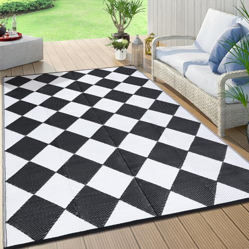 GarveeLife 8x10 Outdoor Rug for Patio Reversible, Plastic Straw Rug Waterproof Camping Rug Portable, Foldable Lightweight Mat for RV, Patio, Backyard, Deck, Picnic, Beach, Balcony (Black/White) - color: Black/White, size: 8' x 10' (Rectangular)