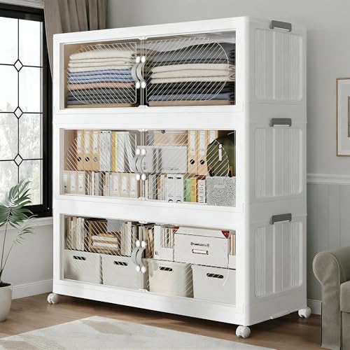 45GAL/180QT Plastic Storage Bins with Lids & Wheels, Collapsible Stackable Storage Boxes, Large Folding Cabinet Organizers for Closet Home Kitchen Office, 3Pack White - color: White, size: 15Gal-3Pack