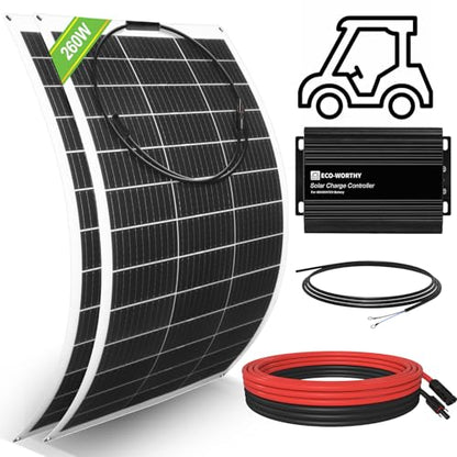 ECO-WORTHY 260W Flexible Solar Panel Kit for Golf Cart,1040wh/day Generation,Charge While Driving,Extend Battery Life,Go Further：2pcs 130W Solar Panel,24V/36V/48V/60V/72V MPPT Boost Charge Controller - size: 260W Golf Cart Solar Kit