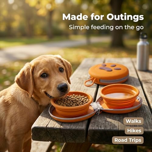 Collapsible Dual Pet Travel Bowls with Zipper Case, Portable Silicone Food and Water Set for Dogs and Cats, Hanging Loop for Walks, Hiking, Camping, Road Trips