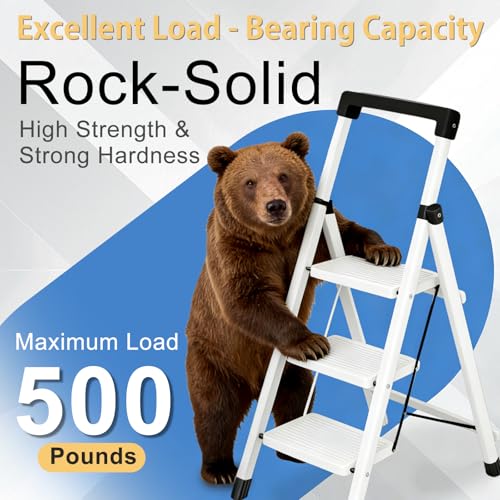 3 Step Ladder with Handrail Folding Step Stool with Tool Tray | 500LBS Capacity Sturdy Carbon Steel Frame Anti-Slip Stripe Pedal for Home Kitchen Garage (white-3step) - color: White-tool, size: 3 step