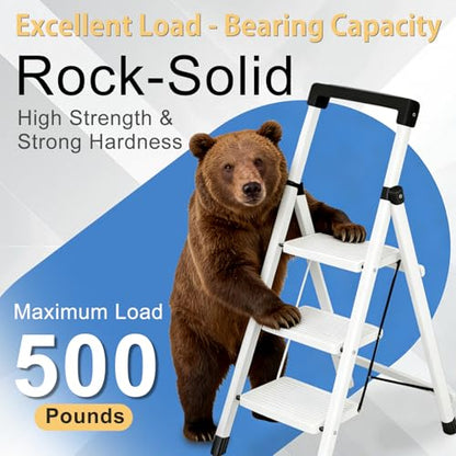 3 Step Ladder with Handrail Folding Step Stool with Tool Tray | 500LBS Capacity Sturdy Carbon Steel Frame Anti-Slip Stripe Pedal for Home Kitchen Garage (white-3step) - color: White-tool, size: 3 step