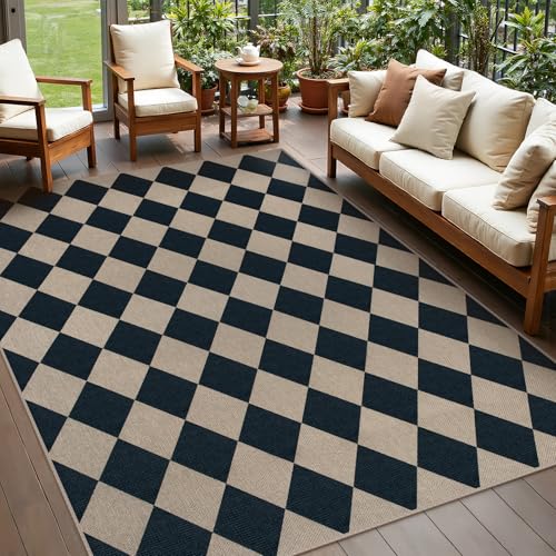 Rugalia Easy Jute 5x7 Outdoor Patio Rug, Washable Black Checkered Rugs for Living Room, Non-Slip Farmhouse Diamond Outdoor Mat Neutral Abstract Floor Carpet for Patio Dining Room Backyard - color: Black Checkered, size: 5' x 7' (Rectangular)
