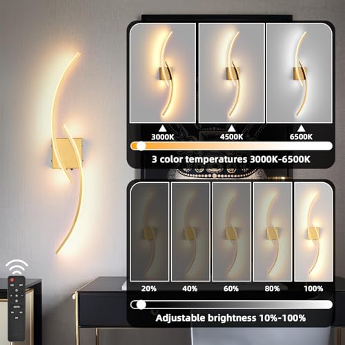Battery Operated Wall Sconce Set of two, 3000K-6000K LED Dimmable Battery Wall Sconces with Remote Control, USB Rechargeable 31.4 inch gold Wireless Wall Lights for Living Room, Bedroom, Staircases