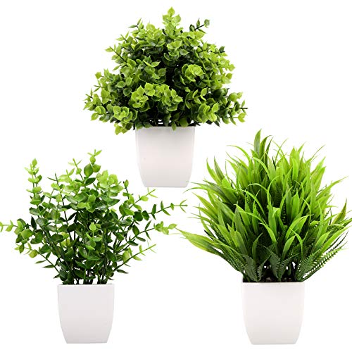 GREENTIME 3Pack Mini Fake Plants in Pots Artificial Plastic Eucalyptus Plant Wheat Grass Potted Faux Greenery Indoor for Office Desk Coffee Table Bathroom Bedroom Home Decorations - color: White-3