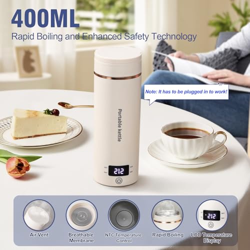 Travel Electric Kettle Portable Mini Kettle,Small Hot Water Boiler with 4 Temperature Settings,304 Stainless Steel,Fast Boiling Water with Auto Shut-Off and Boil Dry Protection,400ml (Beige, 400ML) - color: Beige