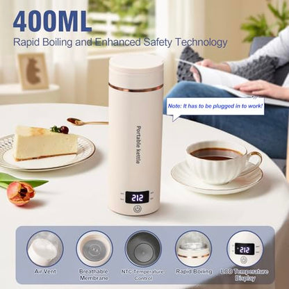 Travel Electric Kettle Portable Mini Kettle,Small Hot Water Boiler with 4 Temperature Settings,304 Stainless Steel,Fast Boiling Water with Auto Shut-Off and Boil Dry Protection,400ml (Beige, 400ML) - color: Beige