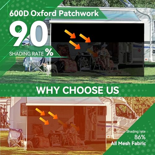 RV Awning Shade Screen with Zipper 9' x 11'3'', 600D Oxford Top + Mesh Bottom, RV Sun Shade Screen for Awning, RV Shade Complete Kits for Trailer Camper - size: 9’ x 11’3”