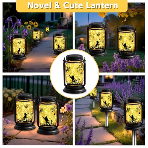 ANGMLN Cat Solar Lanterns 3-in-1 Outdoor Waterproof - Birthday Gifts for Cat Lovers Women Mom Christmas, Mason Jar Hanging Lanterns with Stake, Garden Decor Lights for Patio Yard Balcony Decorations - style: Cat