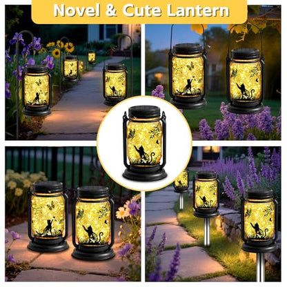 ANGMLN Cat Solar Lanterns 3-in-1 Outdoor Waterproof - Birthday Gifts for Cat Lovers Women Mom Christmas, Mason Jar Hanging Lanterns with Stake, Garden Decor Lights for Patio Yard Balcony Decorations - style: Cat