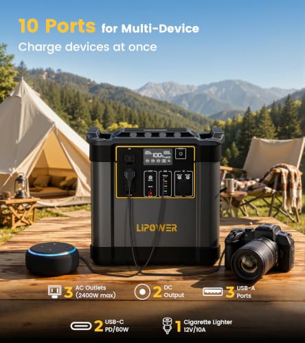 Lipower Power Station with 200W Solar Panel,2400W(4000W Peak) Portable Solar Generator, 2150Wh LiFePO4 Battery,1H Fast Charge, 25% High Efficiency & IP68 Waterproof Solar Panels for Camping - size: 2150Wh+200W Solar Panel