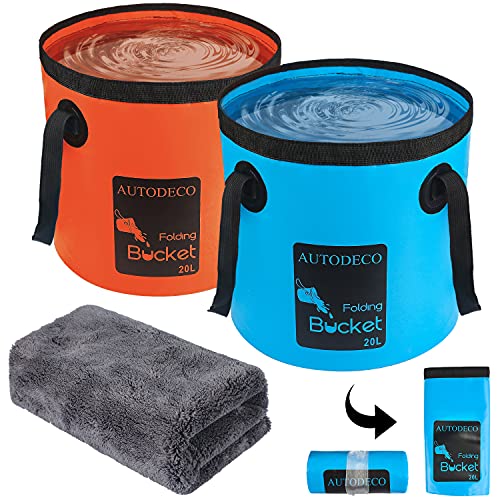 2 Pack Collapsible Bucket 5 Gallon Container Folding Water Bucket Portable Wash Basin for Outdoor Travelling Camping Fishing Gardening Car Washing 20L - color: Blue & Orange