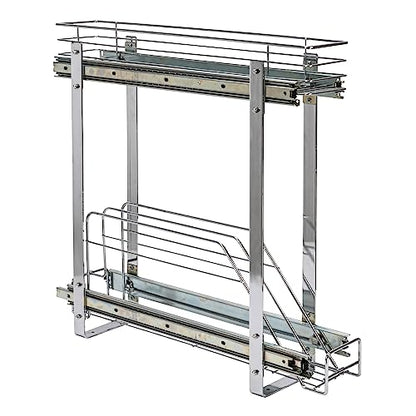 Household Essentials Glidez Multipurpose Chrome-Plated Steel Pull-Out/Slide-Out Storage Organizer for Cookware and Bakeware - 2-Tier Design - Fits Standard Size Cabinet or Shelf, Chrome - size: 5" - Extended, style: Dual Slide