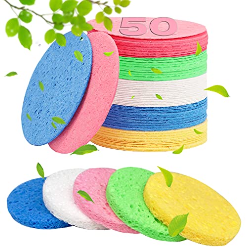 METUUTER 50 PCS Compressed Facial Sponges for Estheticians- 100% Natural Cellulose Face Sponge Professional Cosmetic Spa Sponges for Face Cleansing, Massage, Pore Exfoliating, Mask, Makeup Removal - color: Multi-color